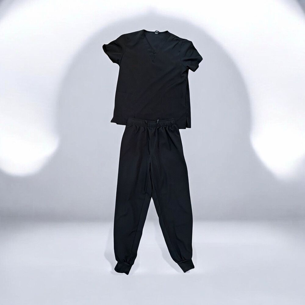 Women's M Black Scrub Set Crew Neck Short Sleeve Shirt & Jogger Pants